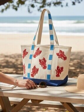 NWT Handcrafted in India Beaded Lobster Canvas Tote –Viral Coastal Statement Bag
